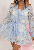 Krótki koronkowy Overal z paskiem Bianca blankytný