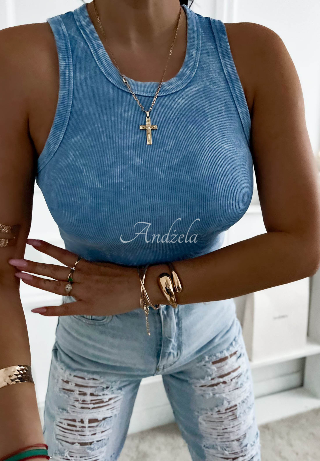 Žebrovaný top na ramínka z bavlny Callie modrý