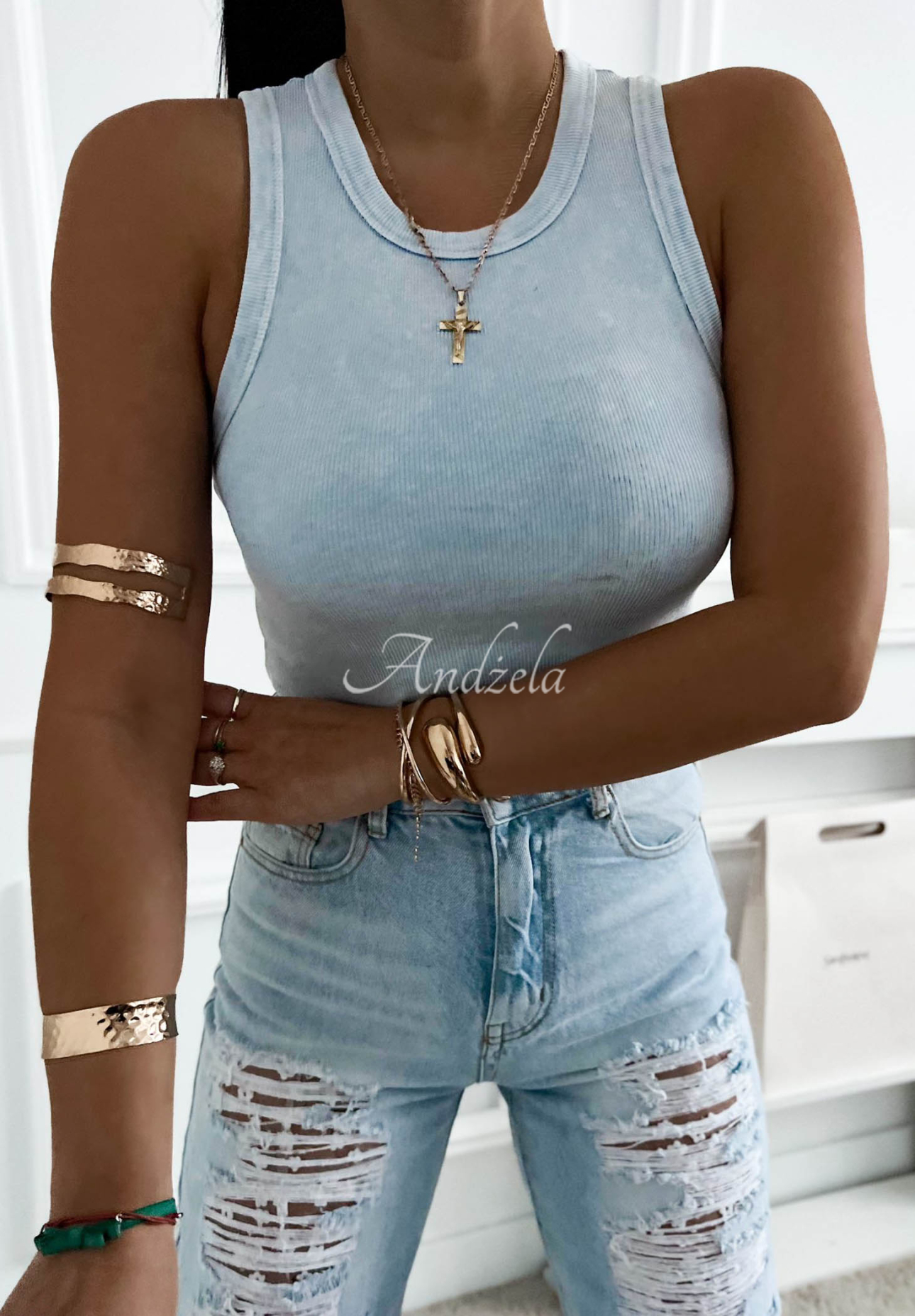 Žebrovaný top na ramínka z bavlny Callie blankytný