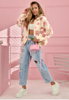 Polarowa Bunda w kwiaty Avalisse biało-růžová