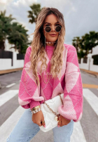 Miękki Svetr w romby Strawberry Smoothie růžový