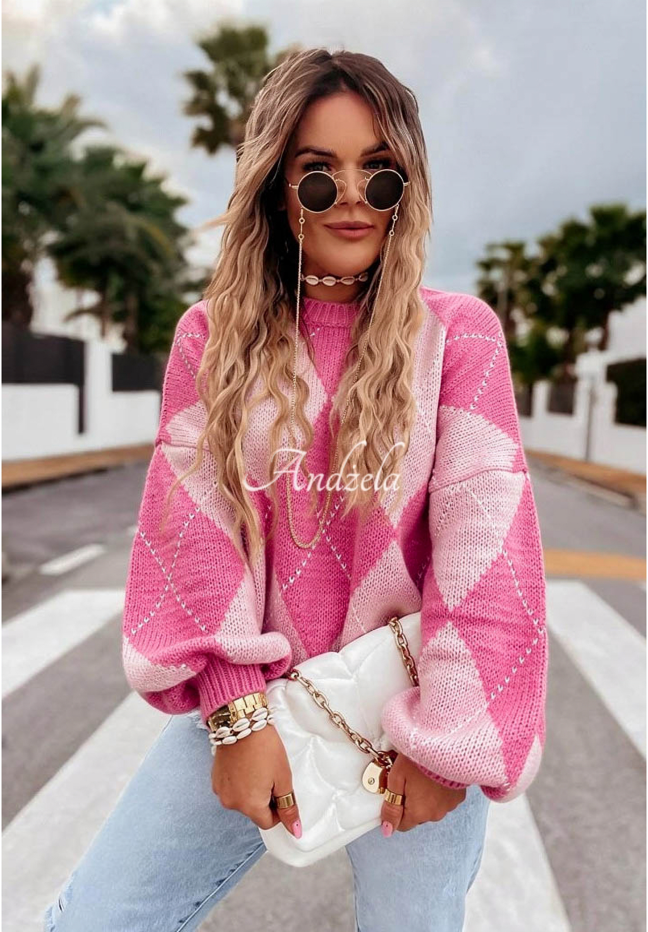 Měkký kosočtvercový svetr s vlnou a viskózou Strawberry Smoothie růžový