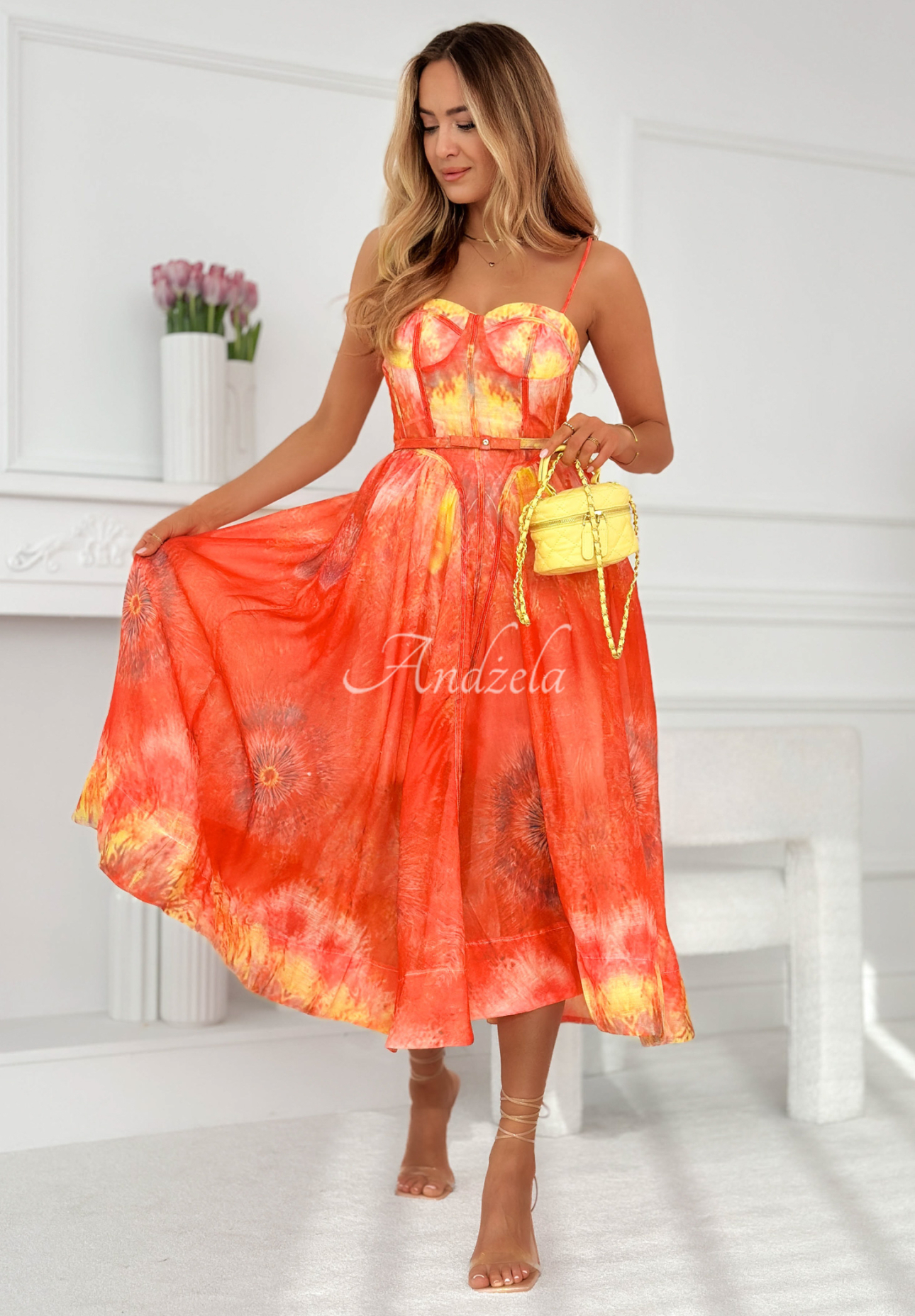 Korzetové midi šaty s lnem a viskózou Sonneta oranžová