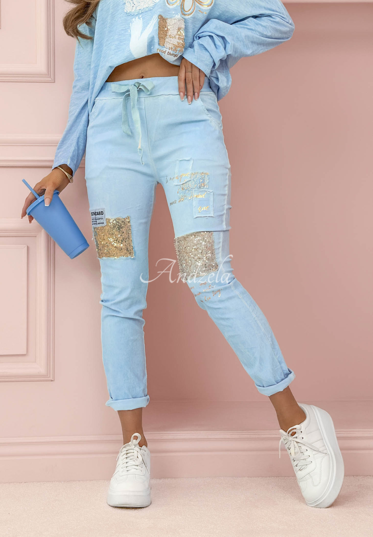 Kalhoty s flitry Love &amp; Flowers blankytné