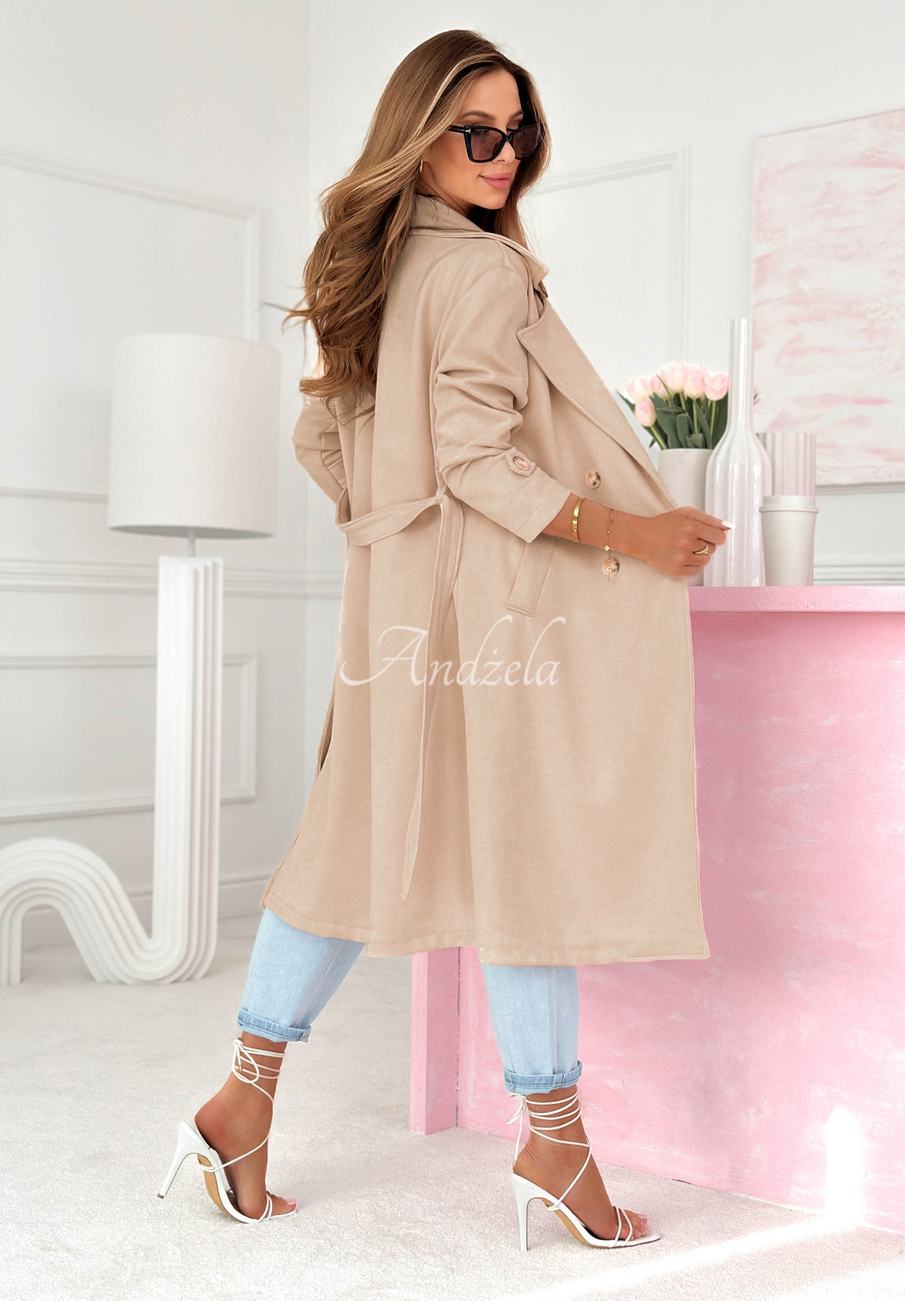 Semišový kabát s páskem No Big Deal béžový