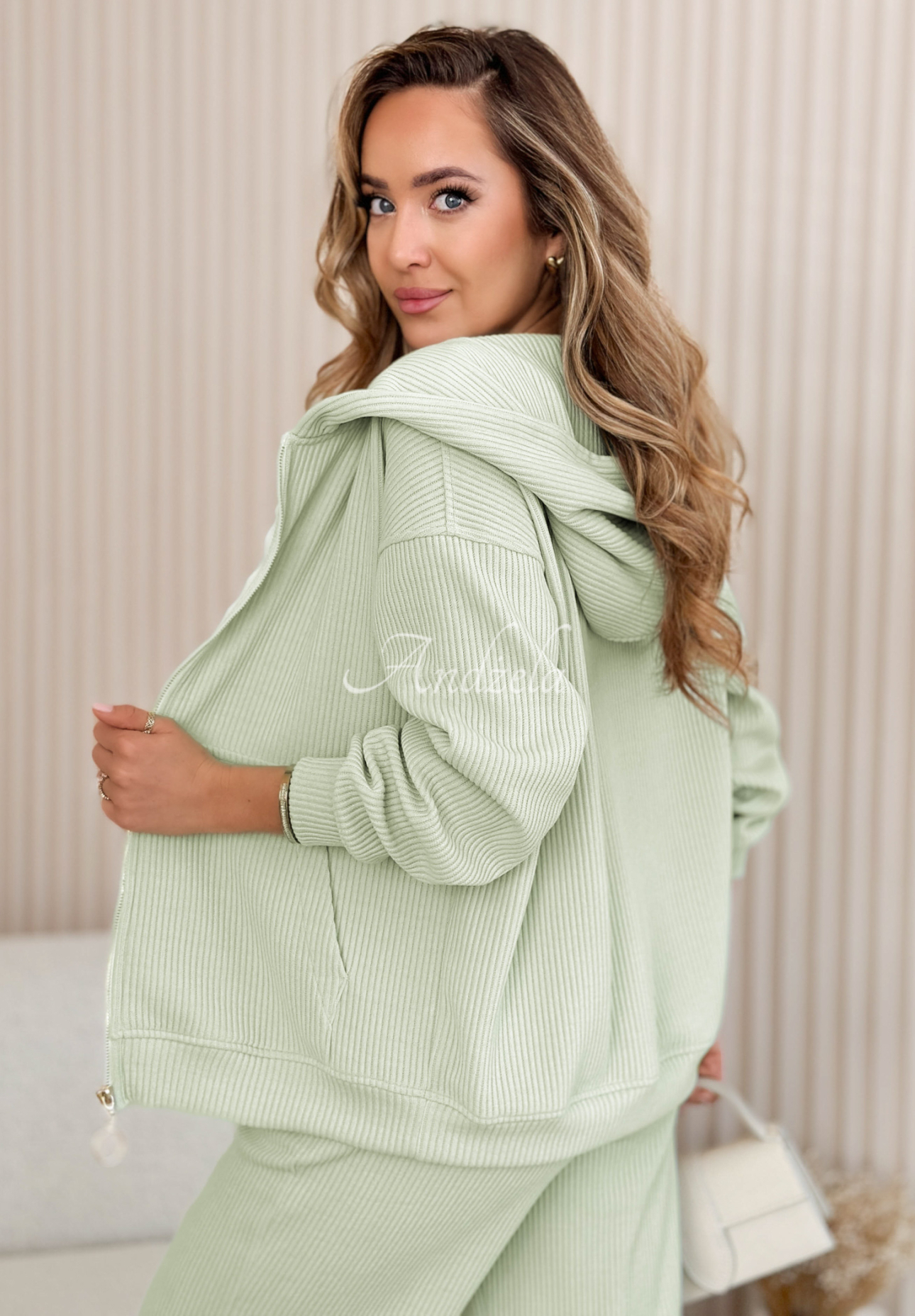 Žebrovaná bavlněná souprava mikina a kalhoty Marcella mentolové