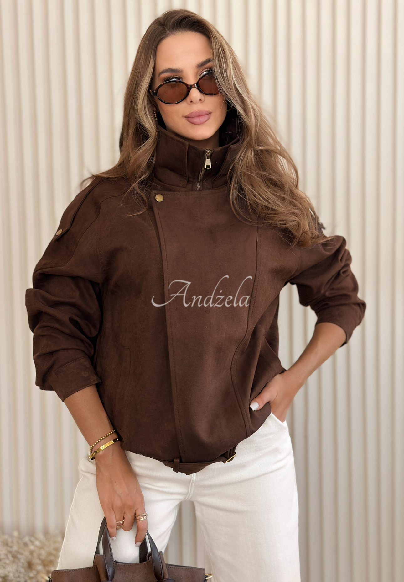 Krátká semišová bunda s límečkem Feeling Cold čokoládová