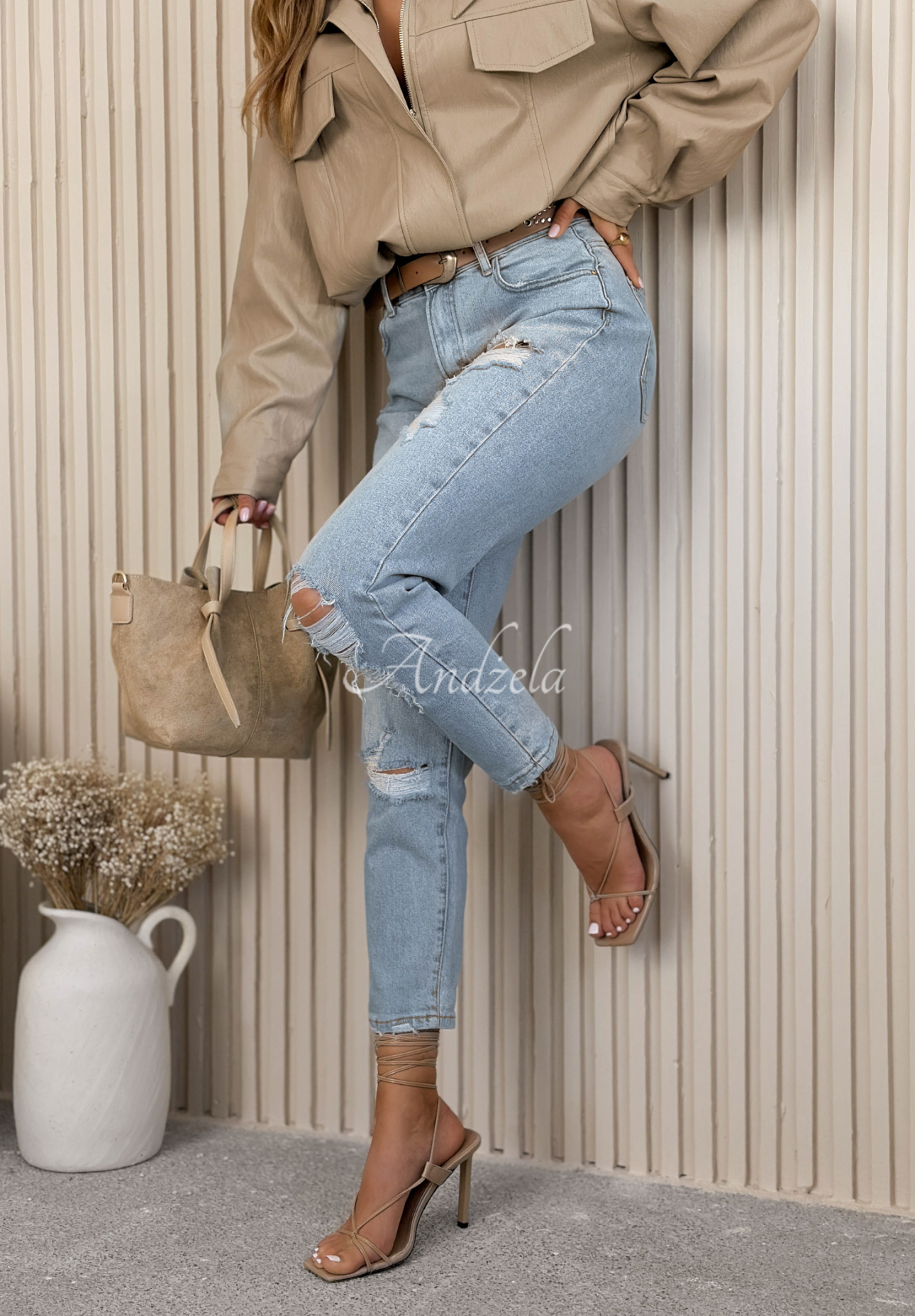 Džíny mom fit s oděrkami Alfie modré