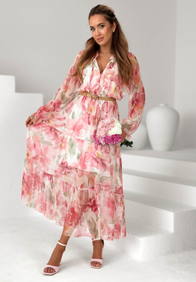 Květinové maxi šaty s volánky a páskem Pretty Orchid růžová