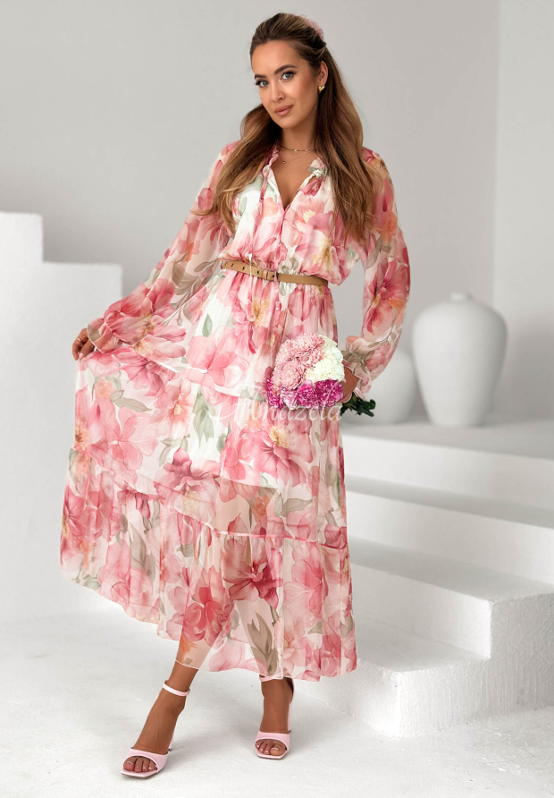 Květinov&eacute; maxi &scaron;aty s vol&aacute;nky a p&aacute;skem Pretty Orchid růžov&aacute;