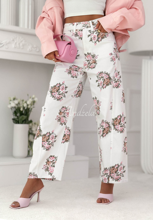 Dž&iacute;ny balloon s květinami Floral Denim b&iacute;l&eacute;