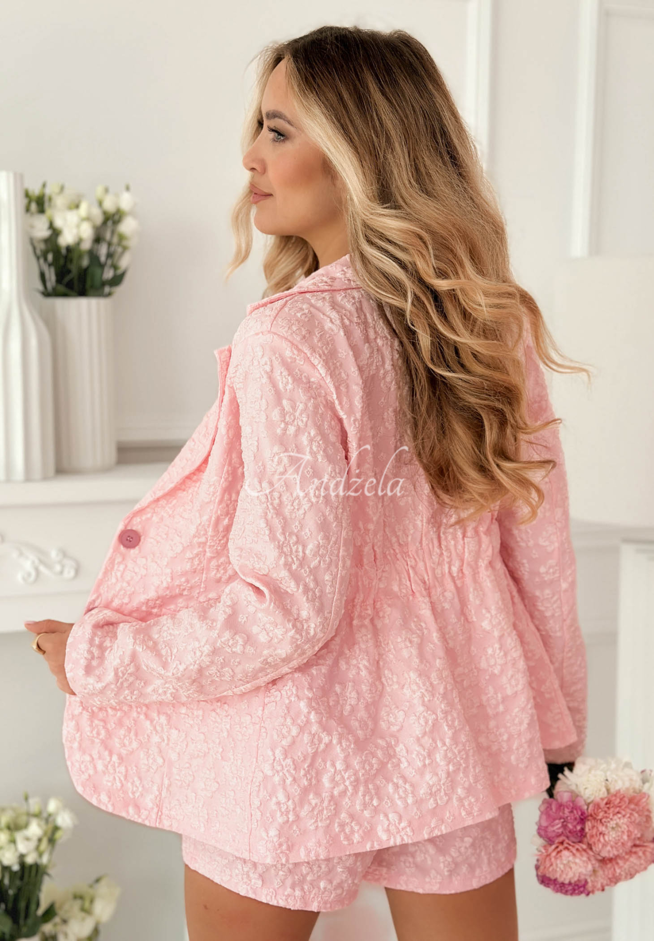 Žakárová souprava sako a šortky Susan pudrová růžová