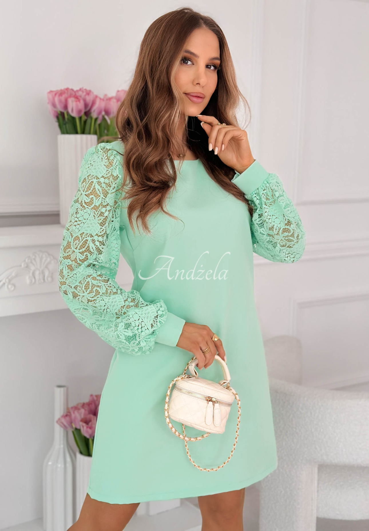 Šaty s krajkovými rukávy Daniela mentolová