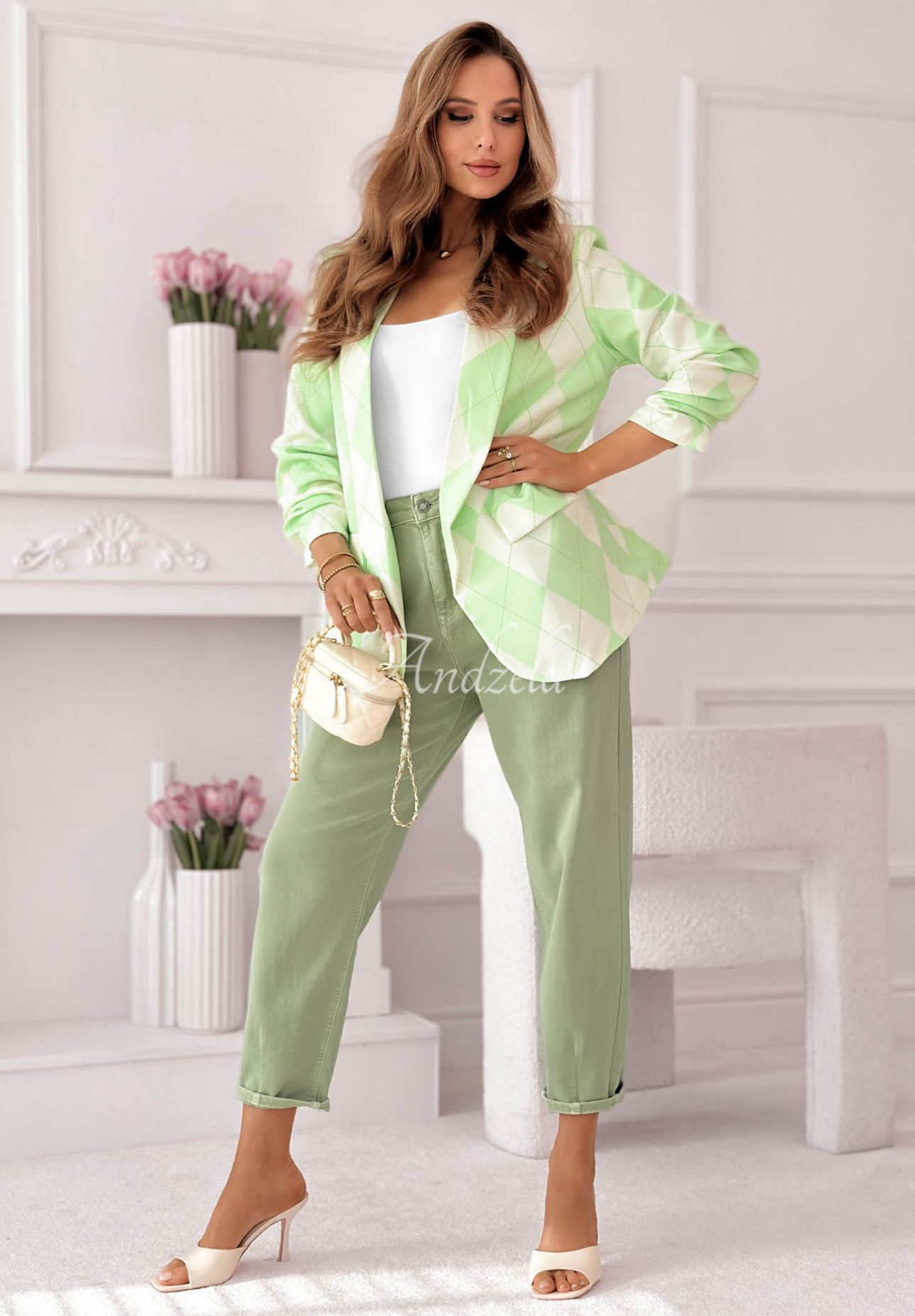 Sako s kosočtvercovým vzorem Sharon pistáciová