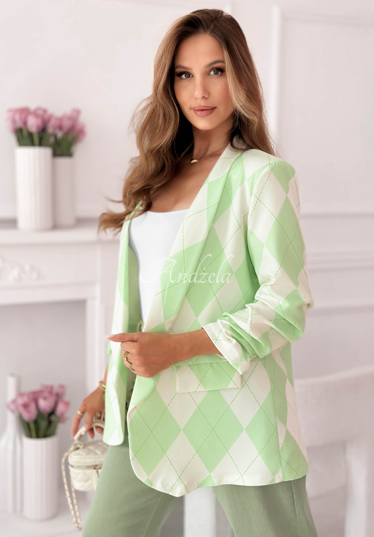 Sako s kosočtvercovým vzorem Sharon pistáciová