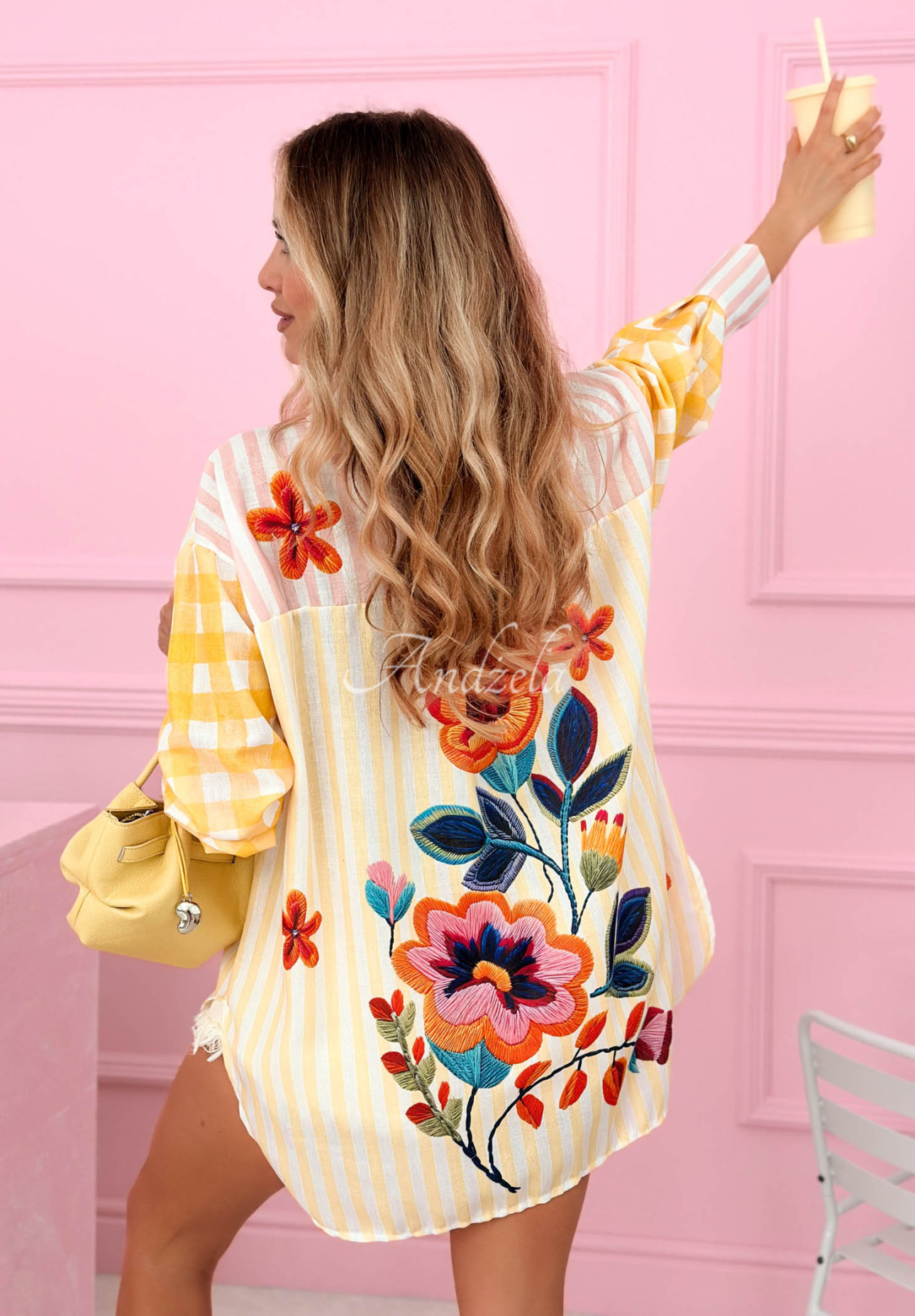 Asymetrická košile s pruhy a květy z viskózy Clover žlutá
