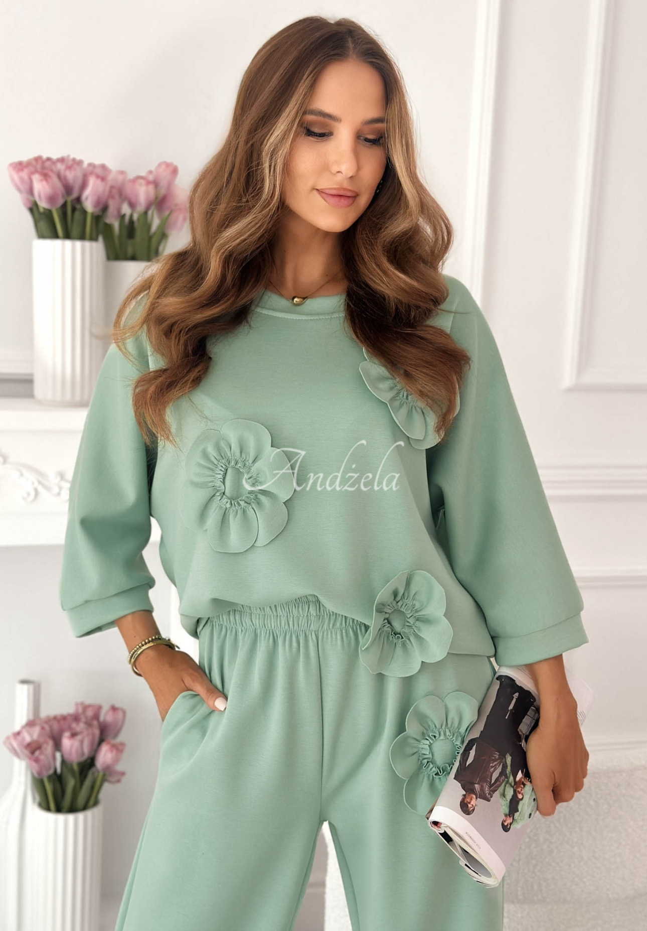 Tepláková souprava s květy a viskózou Floralia pistáciový