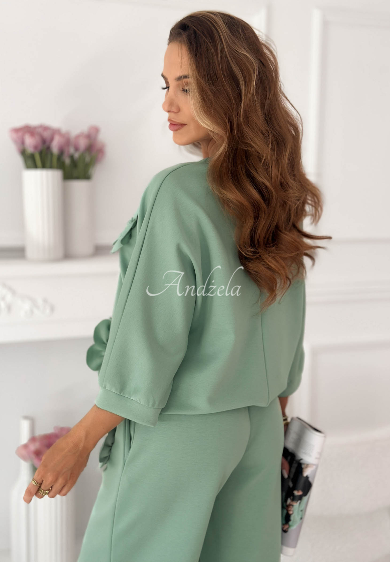 Tepláková souprava s květy a viskózou Floralia pistáciový