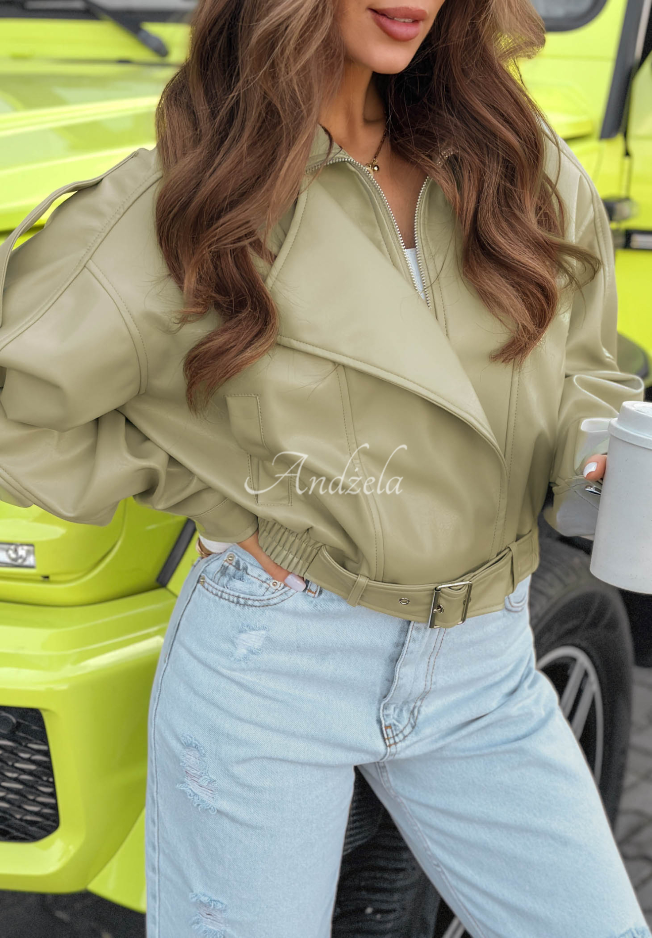 Krátká kožená bomberka Glorianna pistáciová