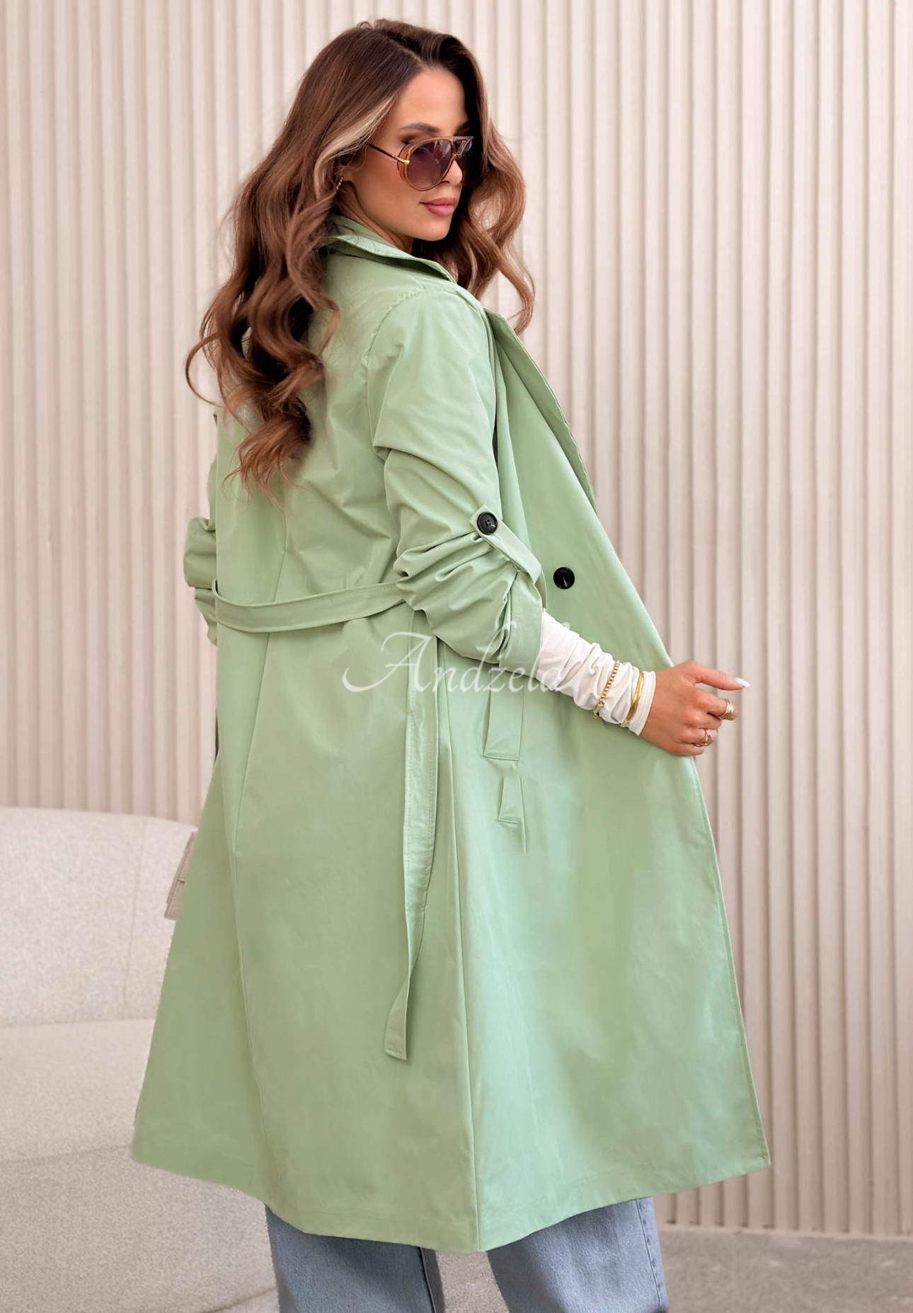 Dlouhý trenčkot Miraldi pistáciový