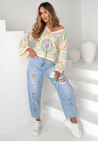 Ażurowy Svetr boho Mandy béžovo-blankytný