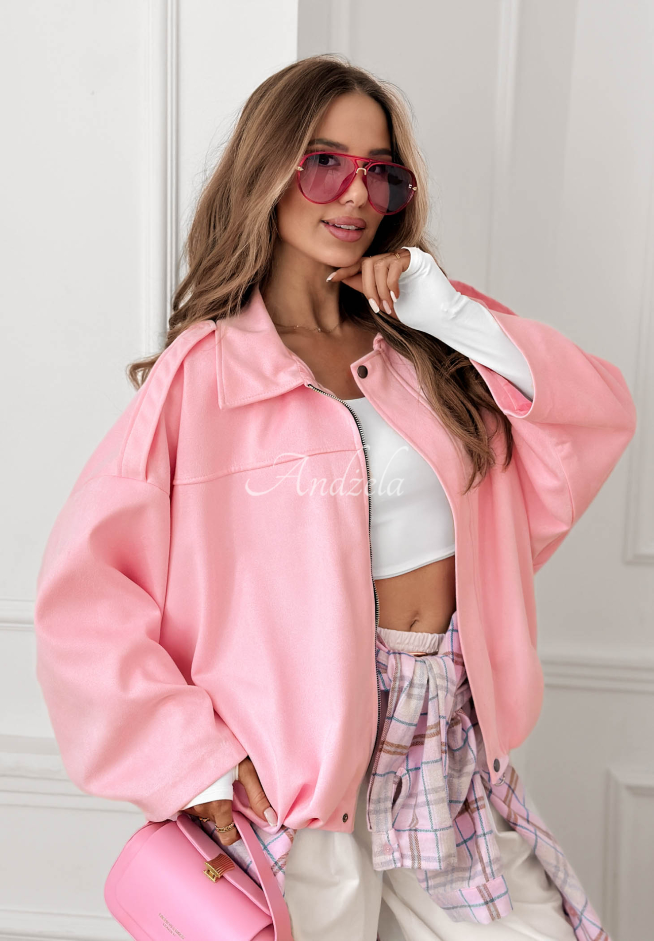Semišová oversize bomber bunda Early Season růžová