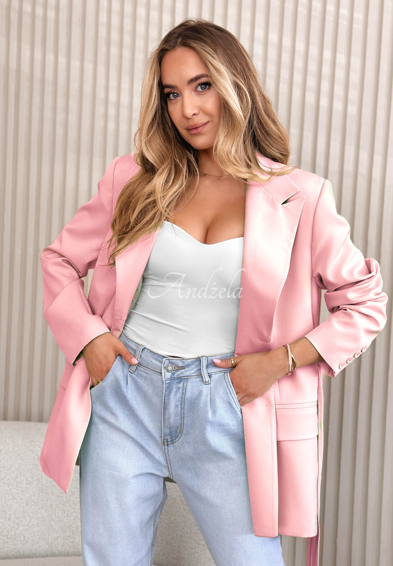 Sako s vázáním She Believed It pudrová růžová