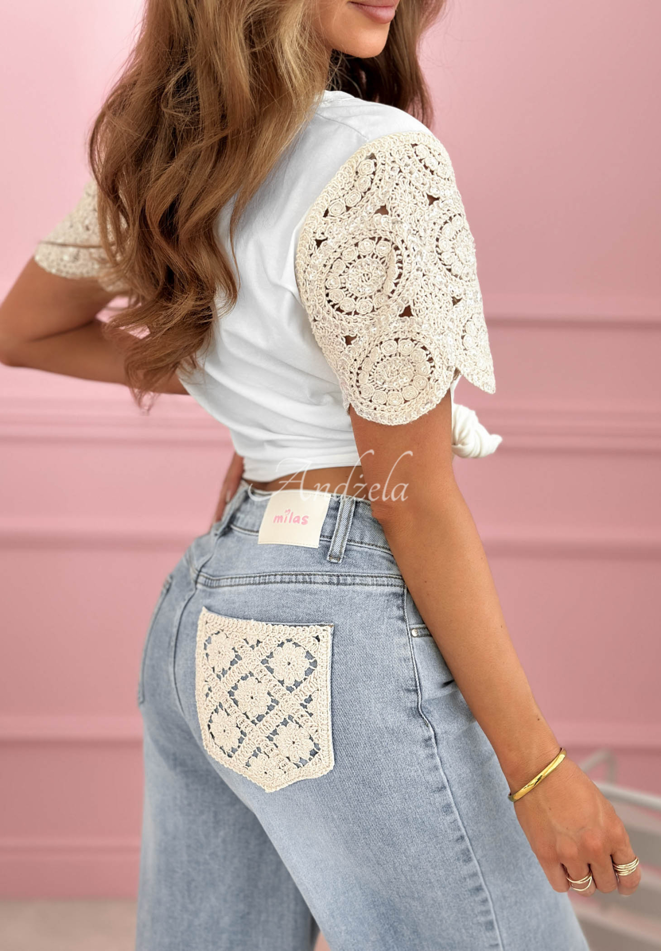 Džíny wide leg s krajkou Scarlett světle modré