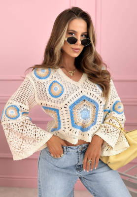 Ažurov&yacute; boho svetr Green Breeze b&eacute;žovo-blankytn&yacute;