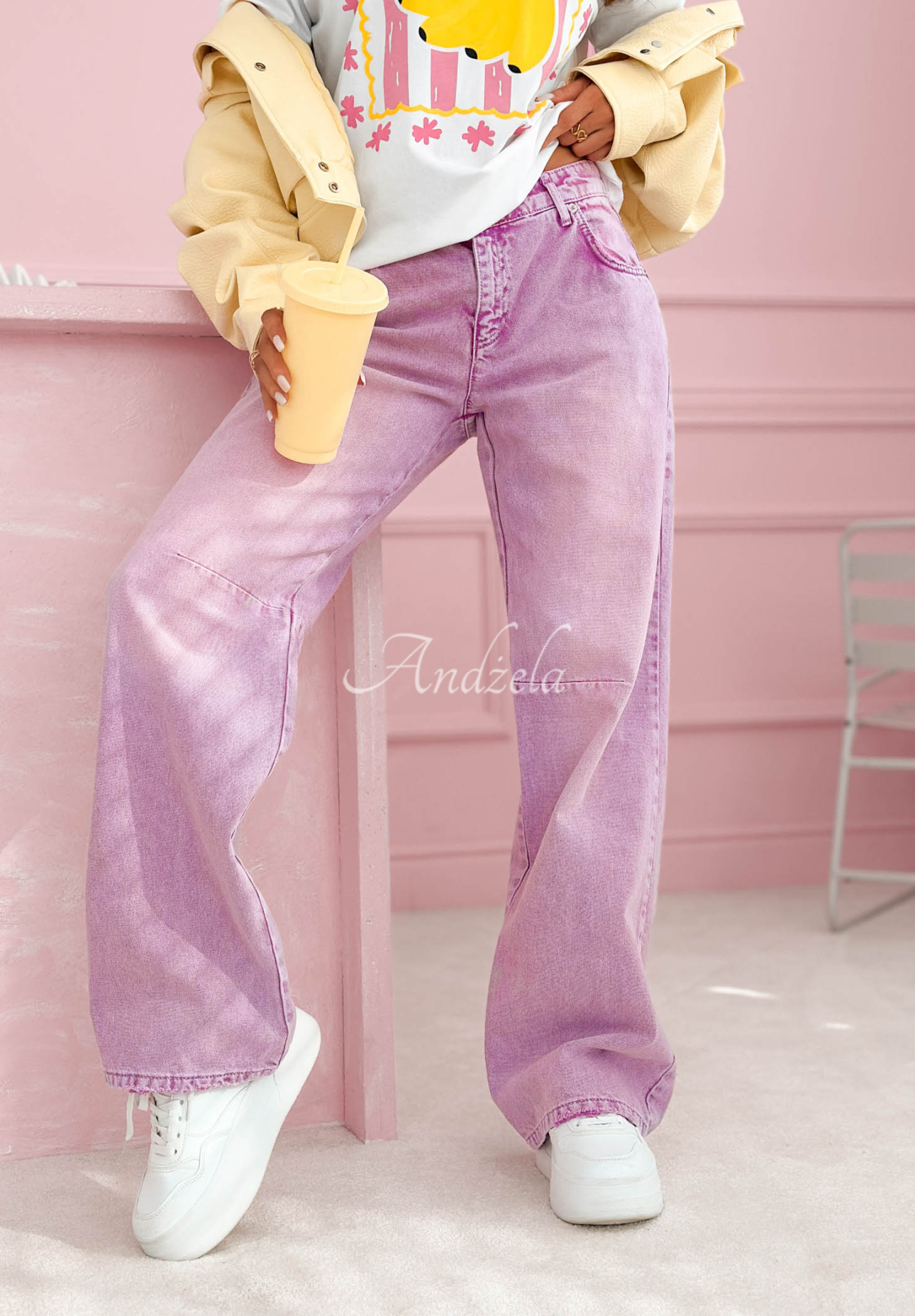 Džíny wide leg Leticia pudrově fialové