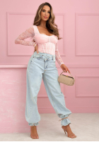 Koronkowe body longsleeve z usztywnianym gorsetem Noelia růžové