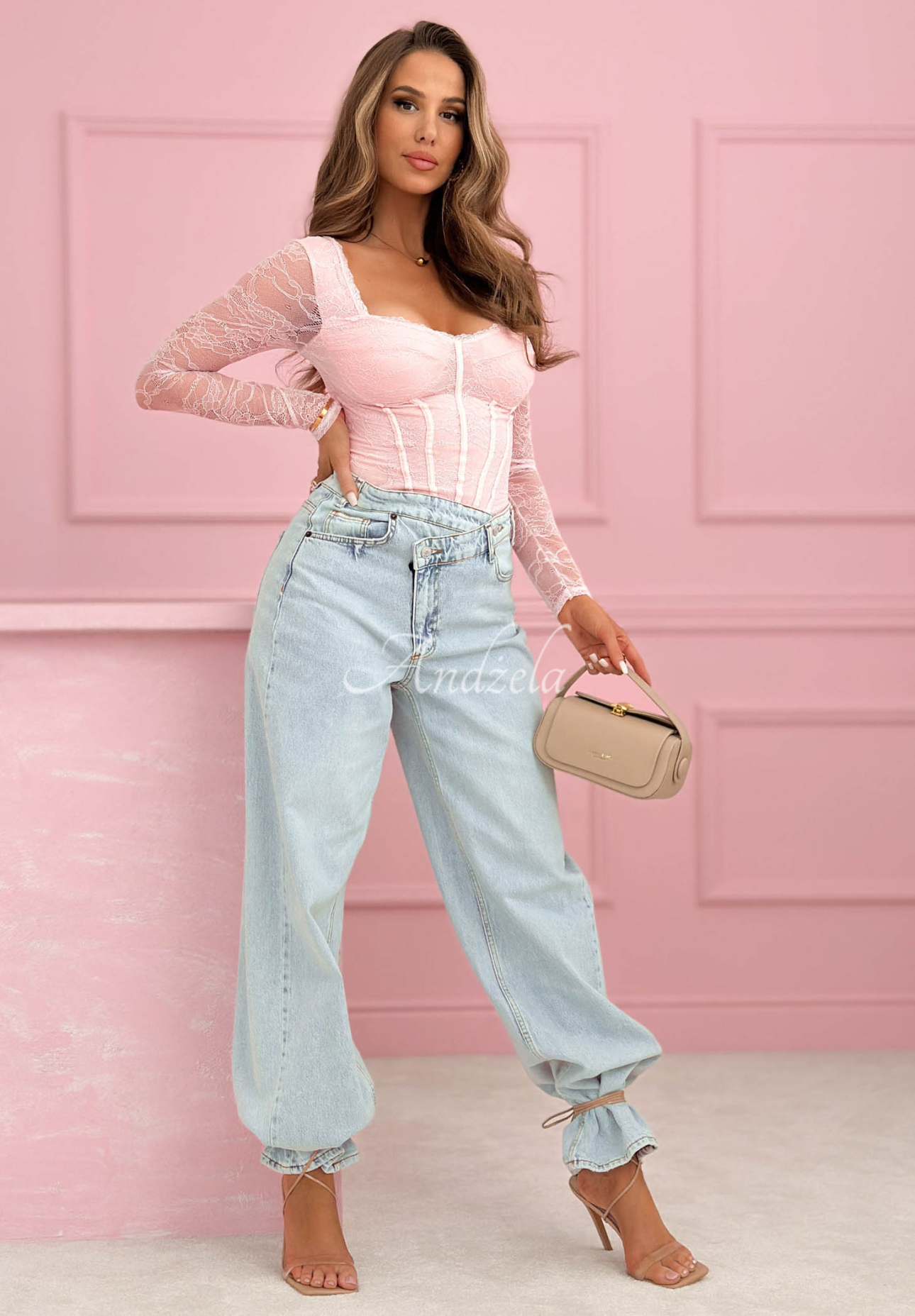 Krajkové body s dlouhým rukávem Noelia růžové