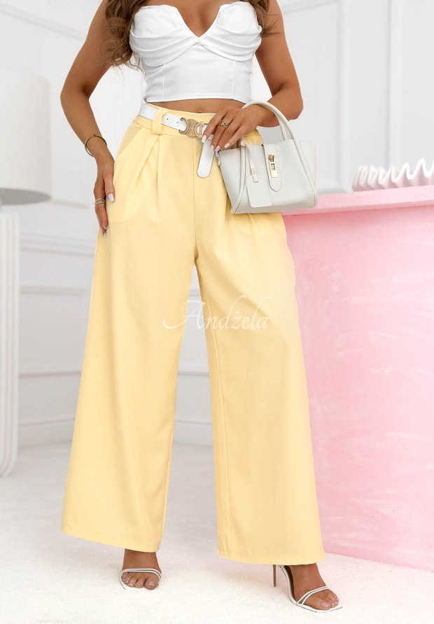 Wiskozowe Kalhoty szwedy wide leg z paskiem Morning Cappuccino žlut&eacute;