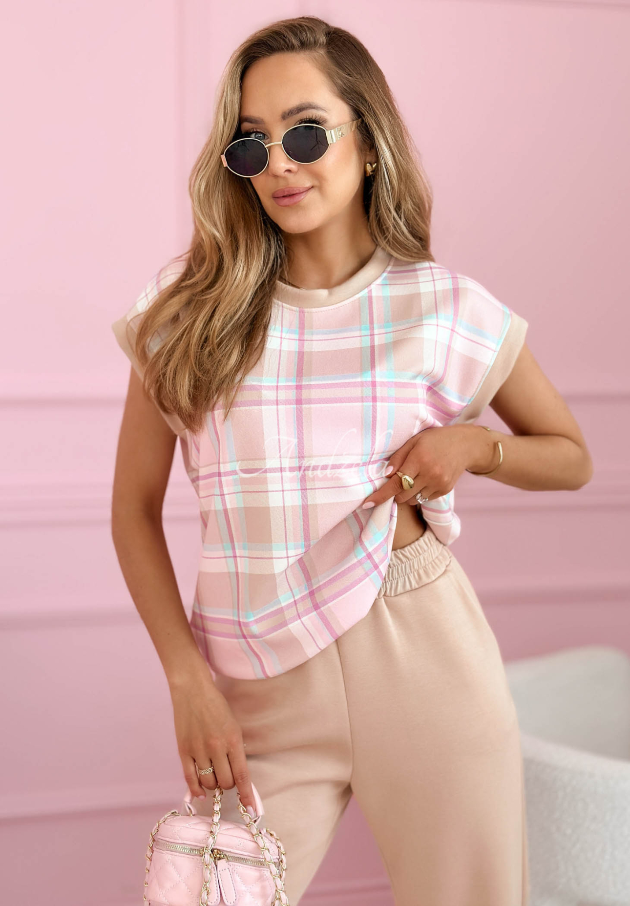 Viskózová károvaná souprava Halenka a kalhoty Always Here béžový