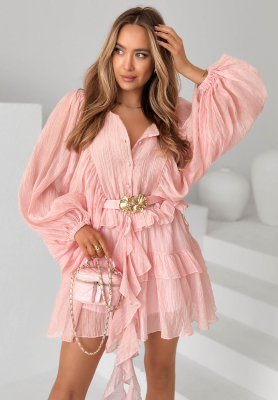 Šaty s nabíranými rukávy a volánky Tea On The Patio růžová