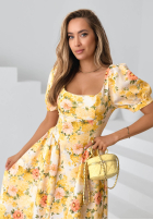 Kwiecista Šaty midi z bufkami Verbena žlutá