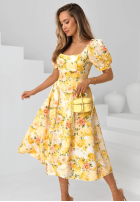 Kwiecista Šaty midi z bufkami Verbena žlutá