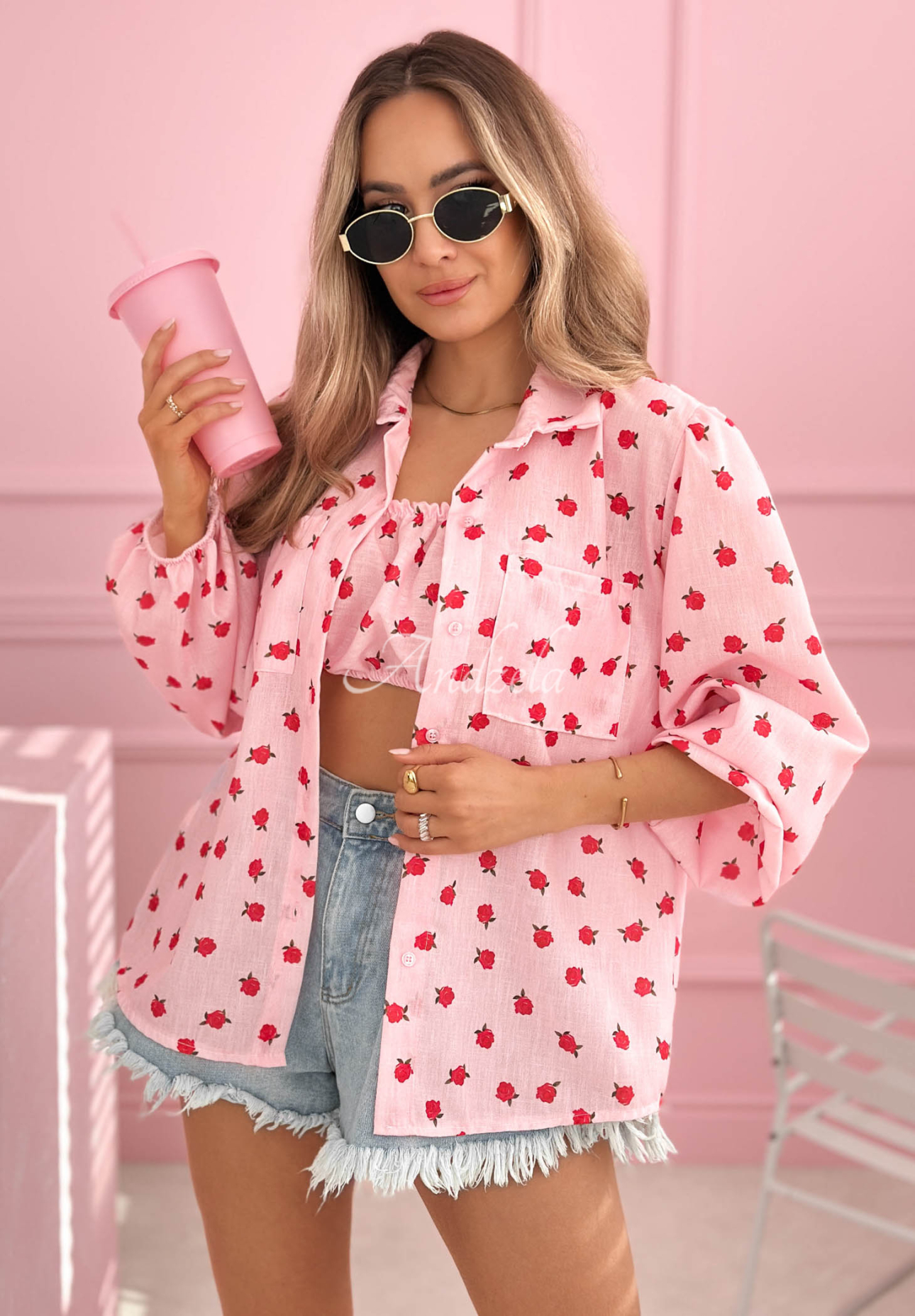 Bavlněná souprava košile a top v růžích Velvet Rose pudrová růžová