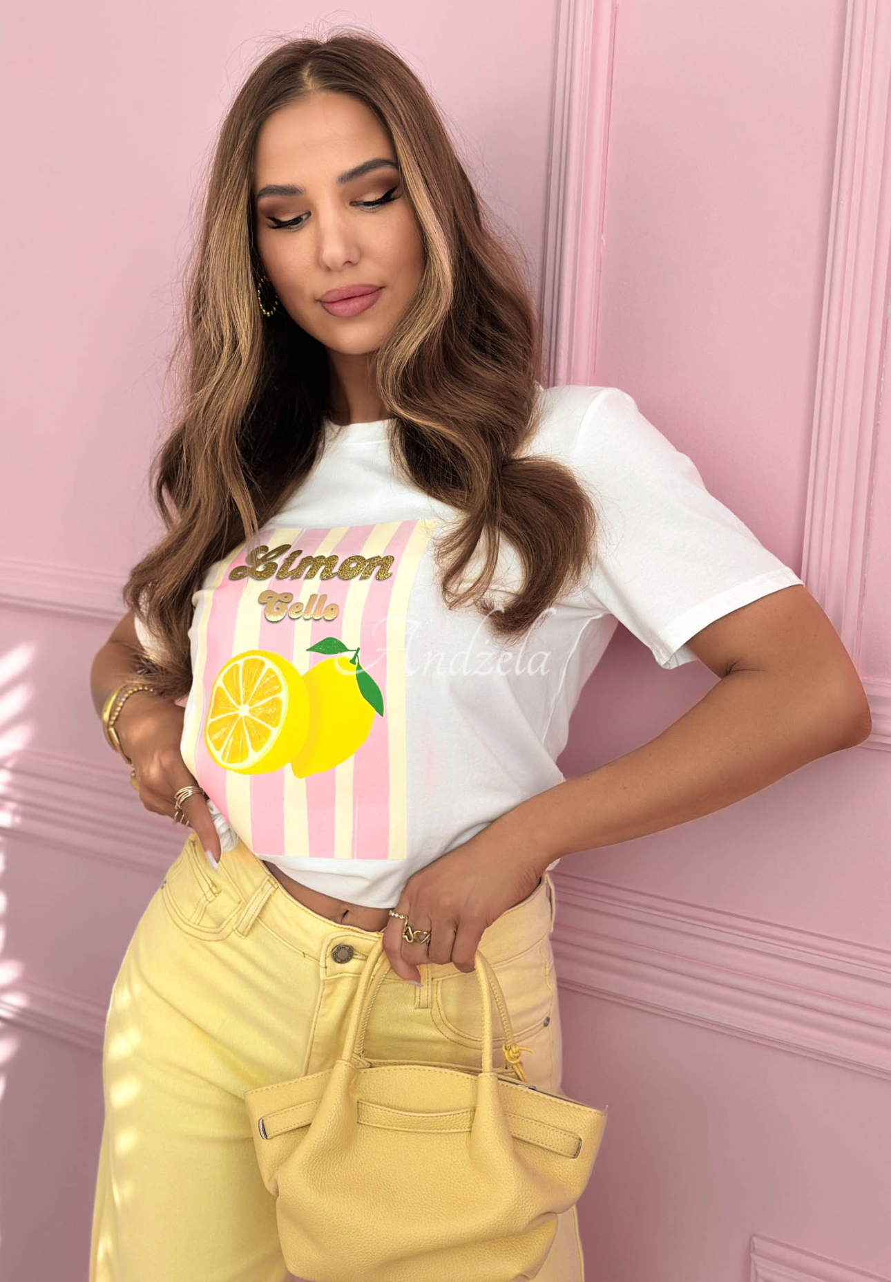 Bavlněné tričko s potiskem v pruzích Limon Gelato bílo-růžový