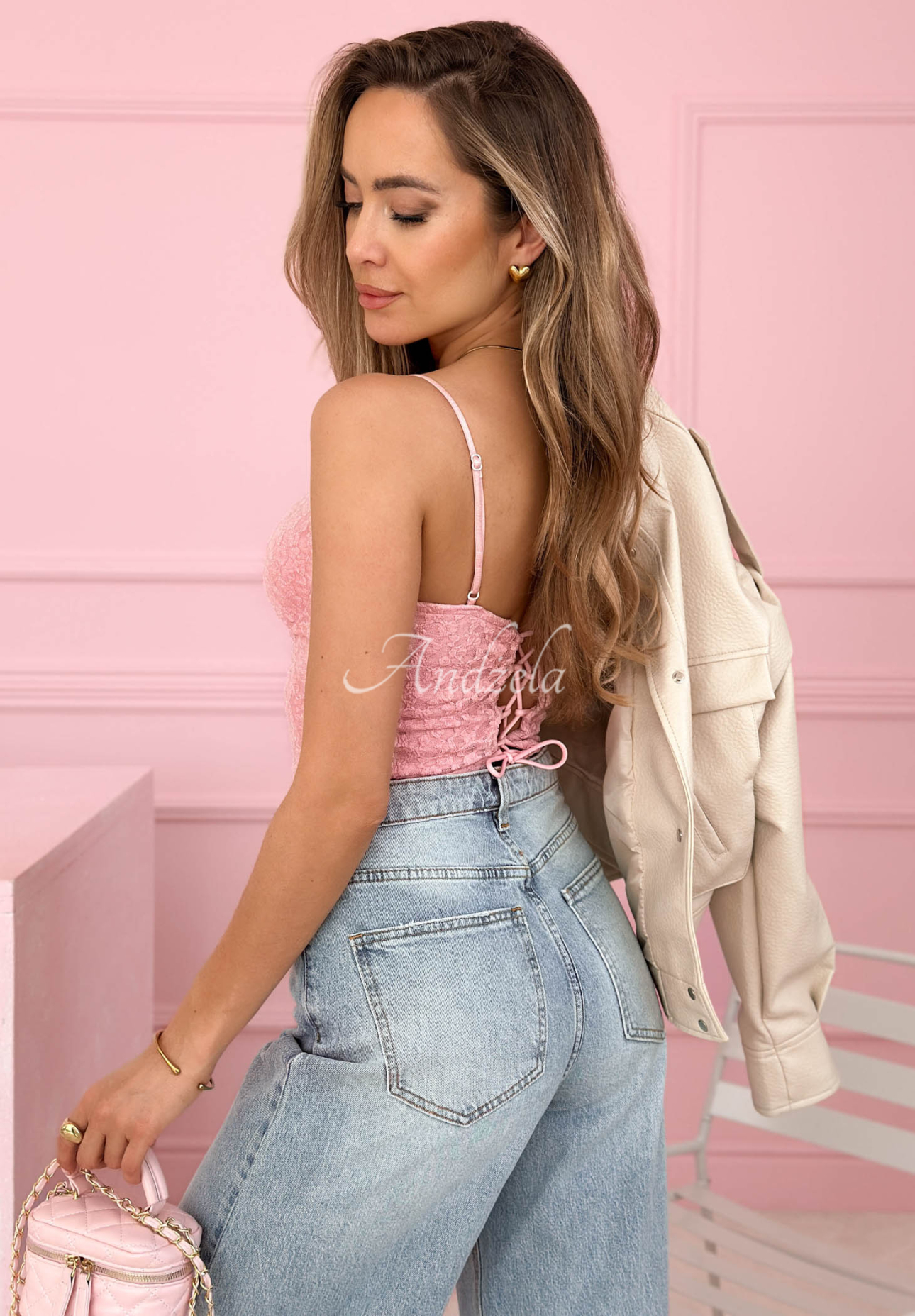 Korzetový krajkový top na ramínkách Sunny Lace růžový