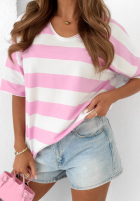 Tričko z dekoltem w paski Blaire biało-růžový