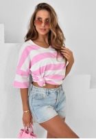 Tričko z dekoltem w paski Blaire biało-růžový