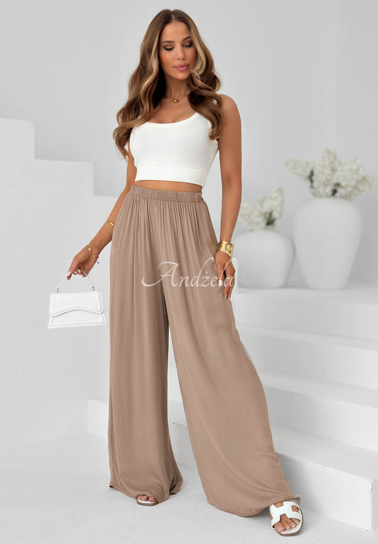 Viskózové kalhoty wide leg Letter To Summer Mokka