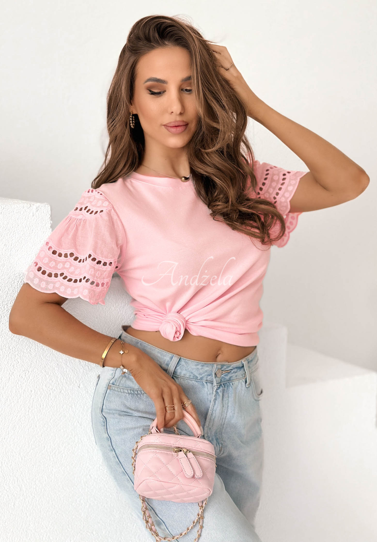 Bavlněné tričko s ažurovými rukávy Maritta pudrová růžová