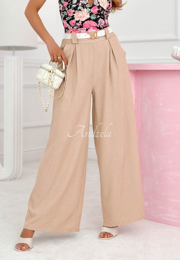 Visk&oacute;zov&eacute; kalhoty zvonov&eacute;ho střihu wide leg s p&aacute;skem Morning Cappuccino b&eacute;žov&eacute;