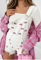 Krótkie džínové  ogrodniczki w truskawki Sweet Berry bílé