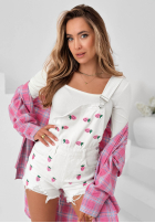Krótkie džínové  ogrodniczki w truskawki Sweet Berry bílé