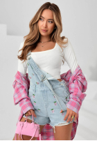 Krótkie džínové  ogrodniczki w truskawki Sweet Berry bílé