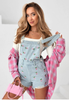 Krótkie džínové  ogrodniczki w truskawki Sweet Berry bílé