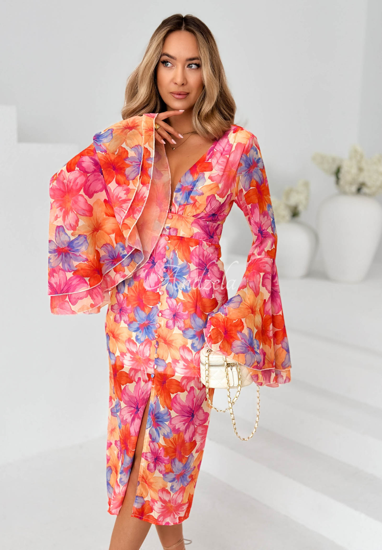 Květinové šaty se širokými rukávy Dreamy Bloom oranžovo-fialové